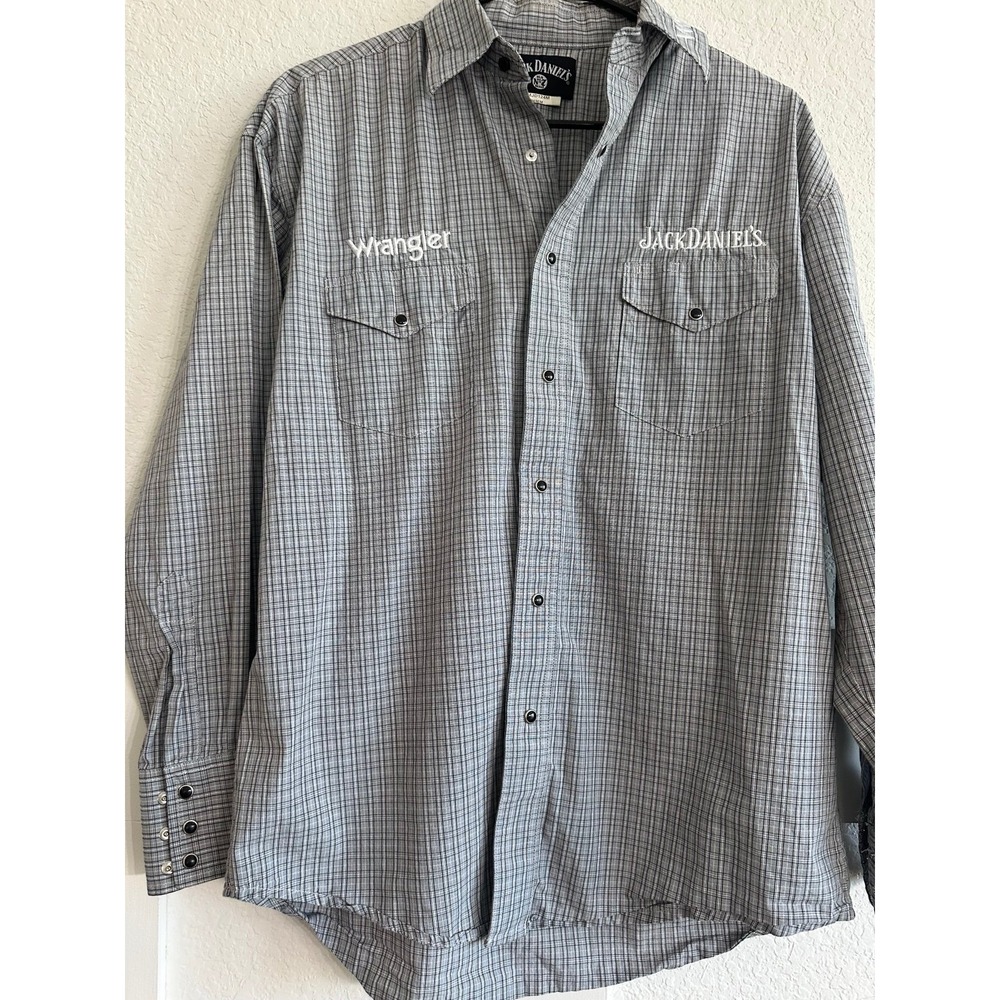 Vtg. Wrangler Jack Daniels Button-Up Shirt Mens Snap No7 Gray Plaid Medium